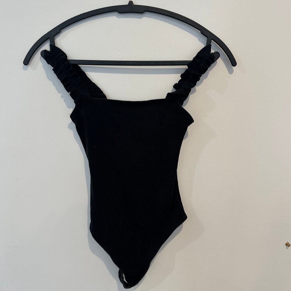 Sunday Best Top Black Ruffled Straps Bodysuit Size 2XS